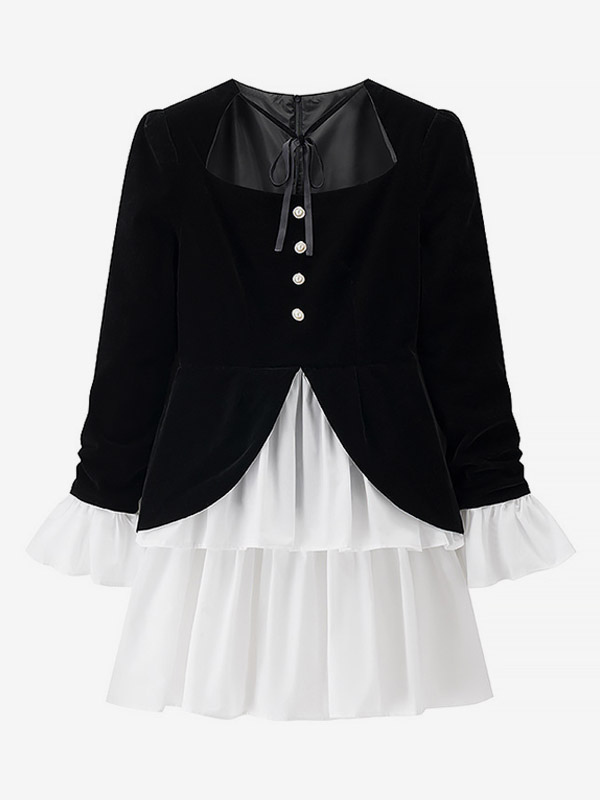 Date Night Dresses Faux Two-Piece Mini Ruffled Long Sleeves Two-Tone Chic Black Dress