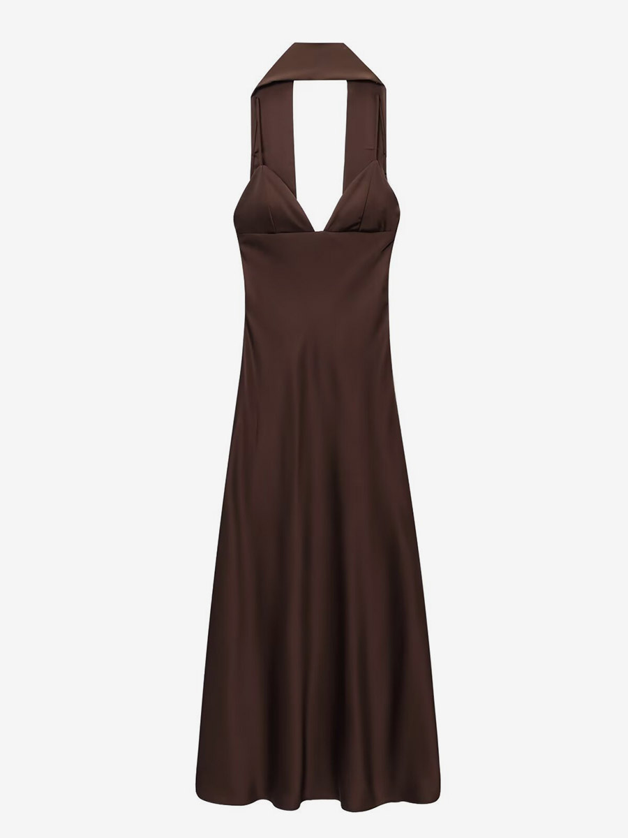 Creamy White Halter Neck Satin Maxi Dress For Women Elegant Formal Style