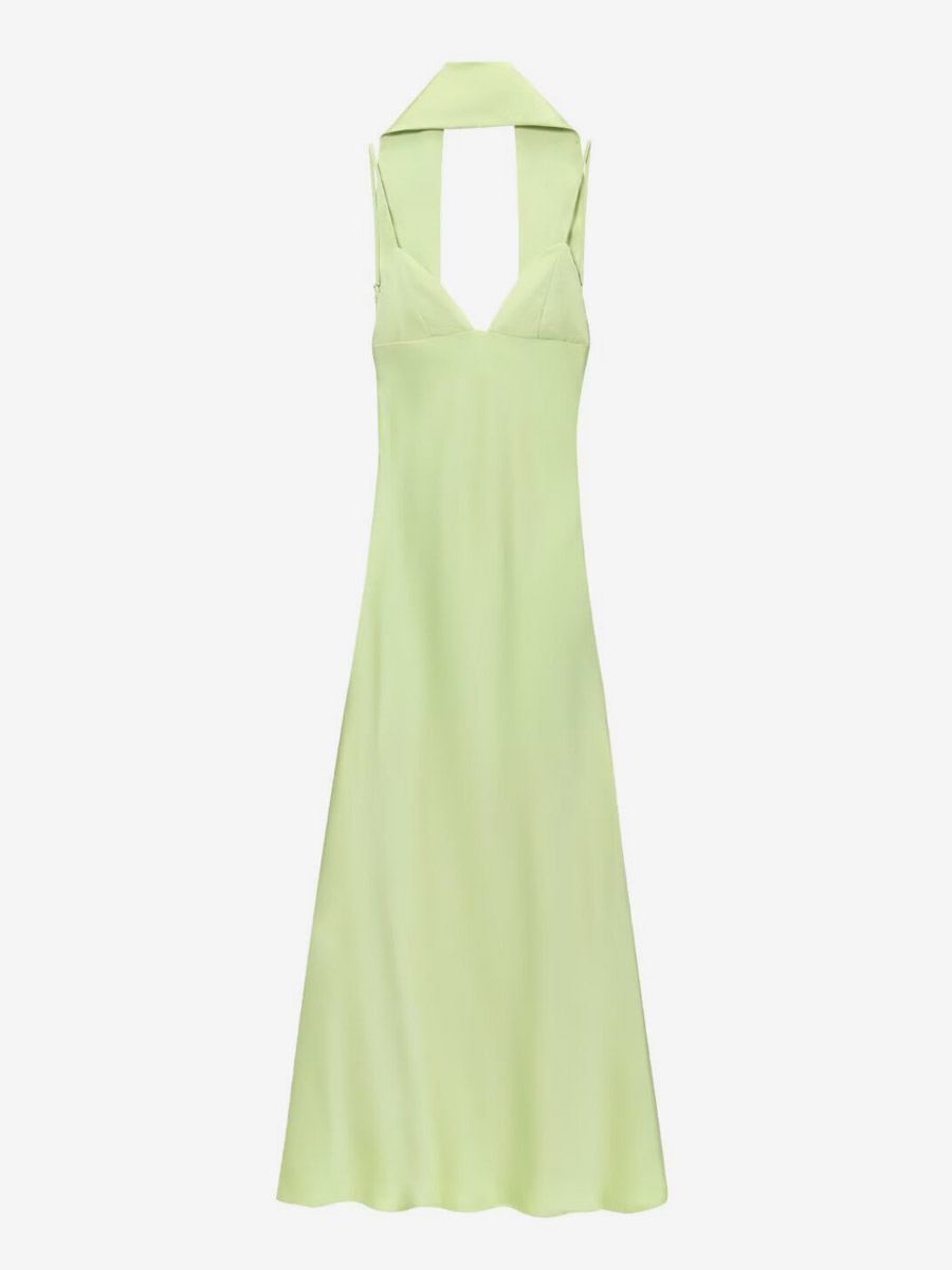 Creamy White Halter Neck Satin Maxi Dress For Women Elegant Formal Style