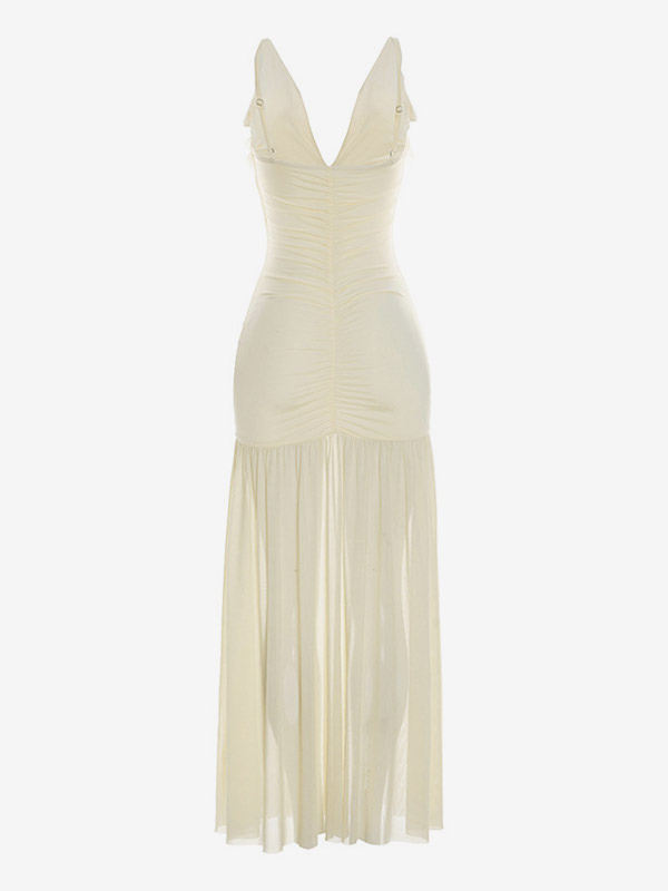 Cream V Neck Ruffled Sleeve Maxi Dress For Women Elegant Formal Style
