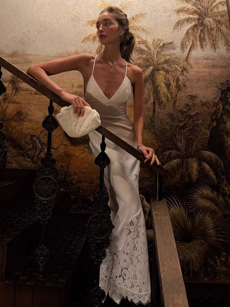 White Lace Panel Slip Maxi Dress For Women Elegant Evening Style