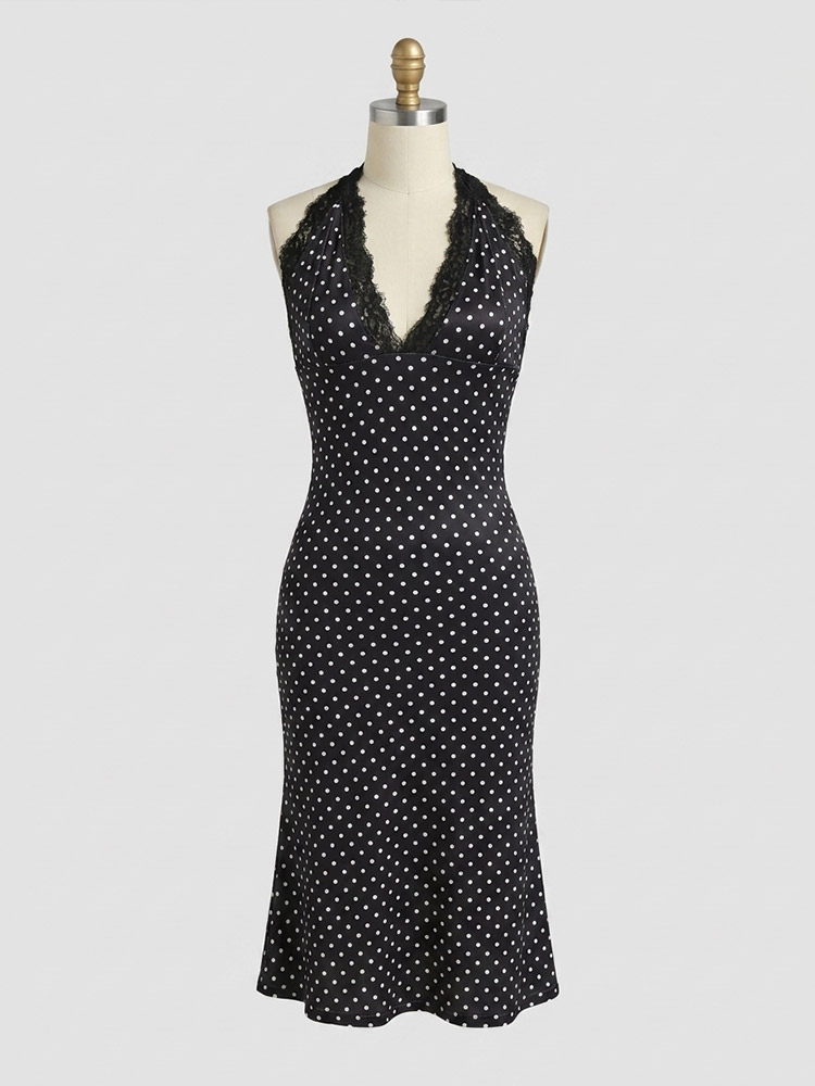 Party Dress Midi Black Halter Sleeveless Polka Dot Semi Formal Summer Dress