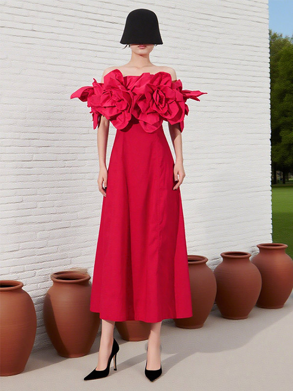 Vacation Dresses Midi Flowers Sleeveless Off-The-Shoulder Chic High Rise Red Dress