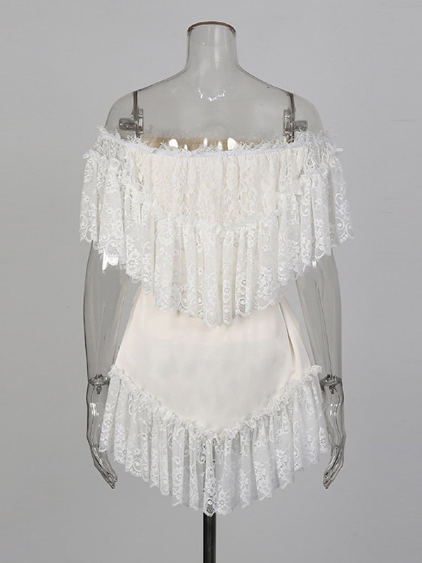 Daily Dresses Woman's Mini White Lace Off-The-Shoulder Raised Waist Dress
