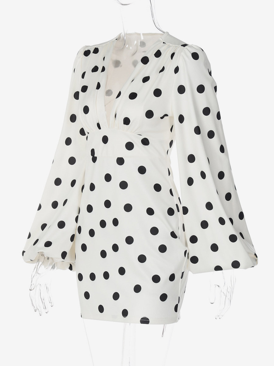 Date Night Dresses Summer Long Sleeves Polka Dot V-Neck Puff Sleeves Casual White Mini Dress