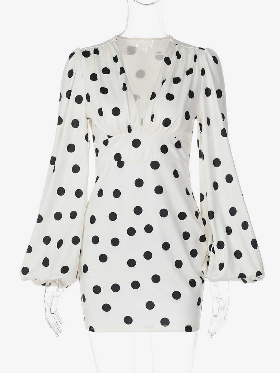 Date Night Dresses Summer Long Sleeves Polka Dot V-Neck Puff Sleeves Casual White Mini Dress