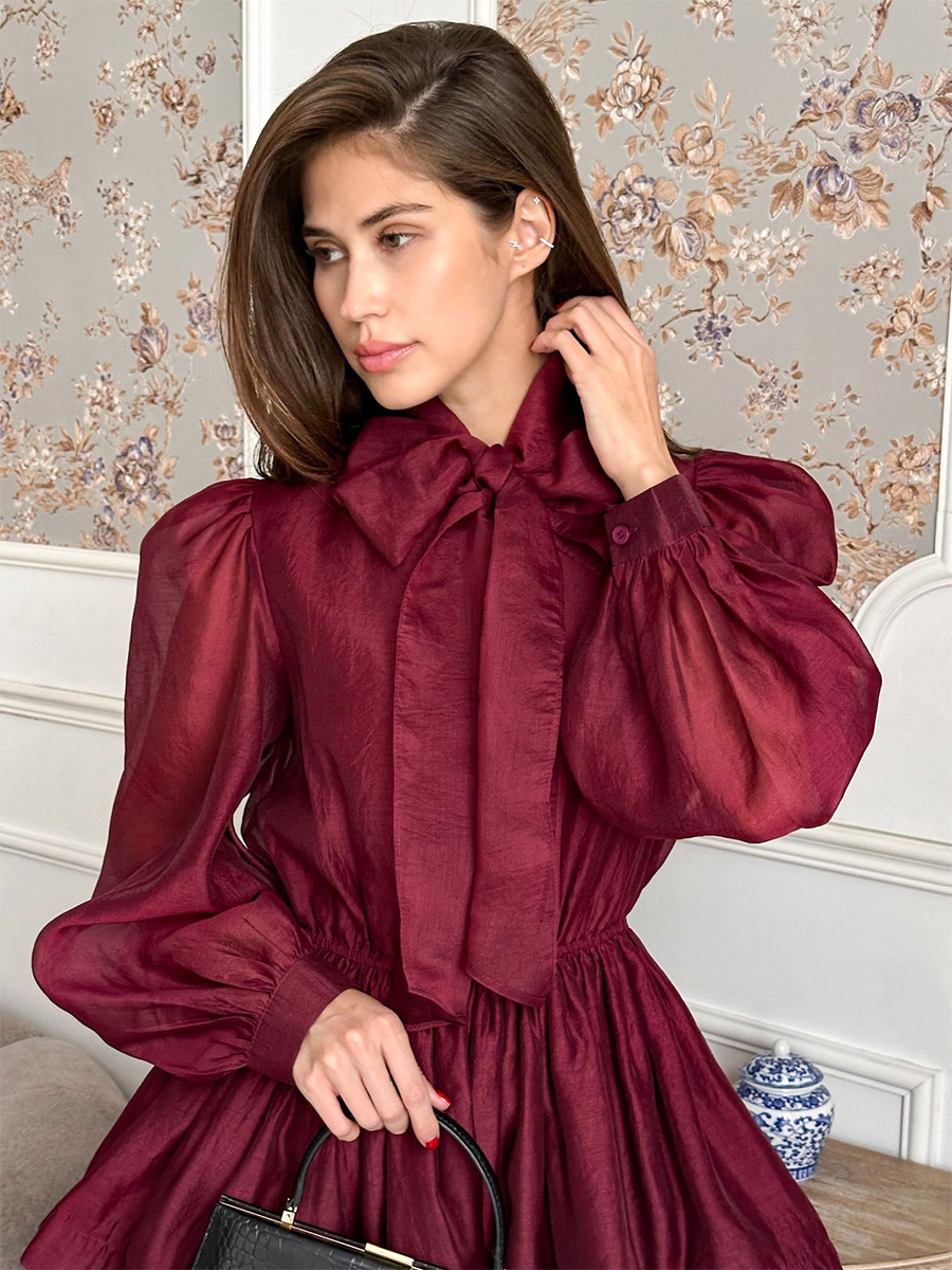 Daily Dresses For Women Mini Burgundy Pleated Long Sleeves Stand Collar Wrap Waist Gown