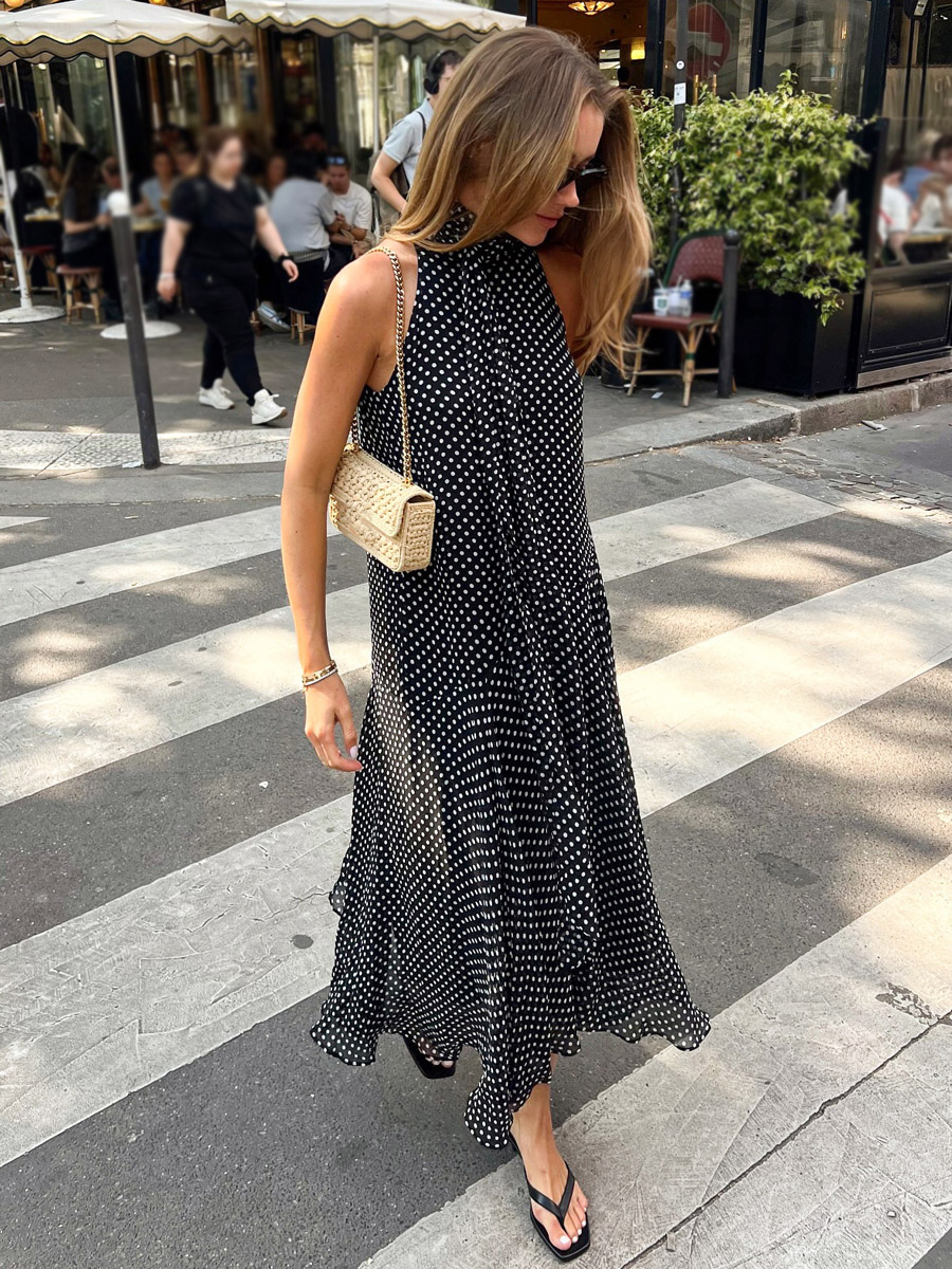 Daily Dresses Woman's Maxi Black Sleeveless Backless Halter Polka Dot Summer Dress