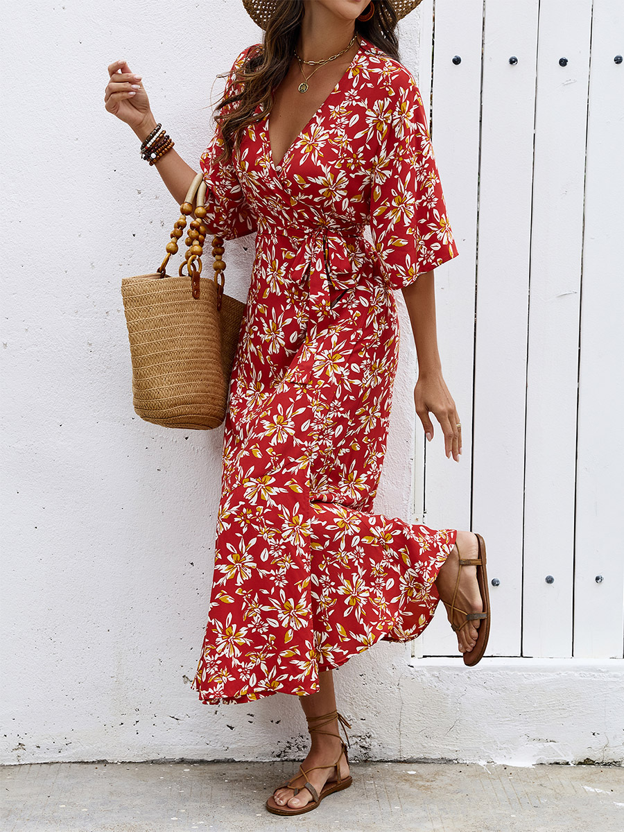 Bohemian Summer Vibes Red Floral Wrap Maxi Dress Lightweight Flirty Great For Beach City Strolls