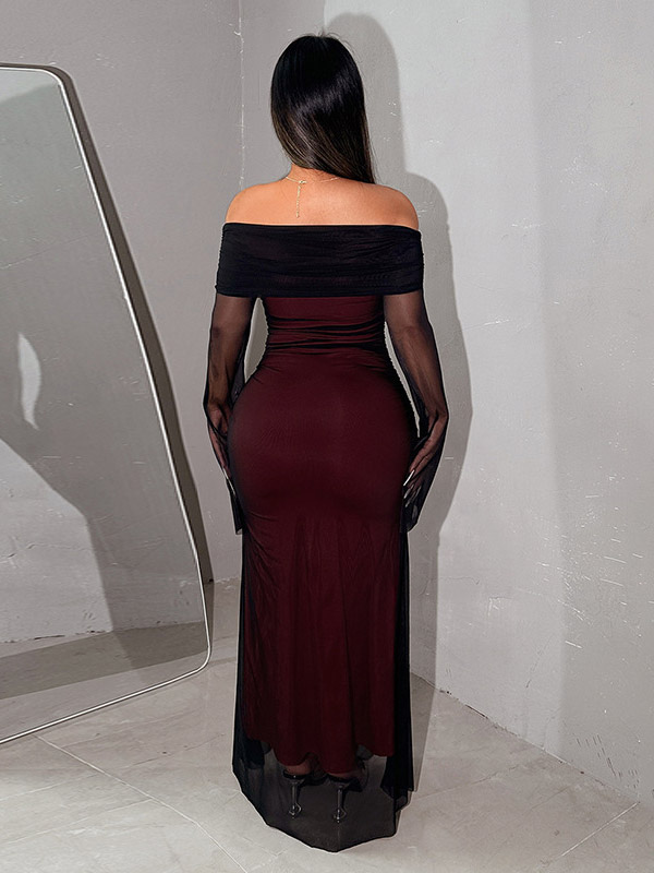Night Out Dresses Burgundy Long Sleeves Off-The-Shoulder Summer Dress