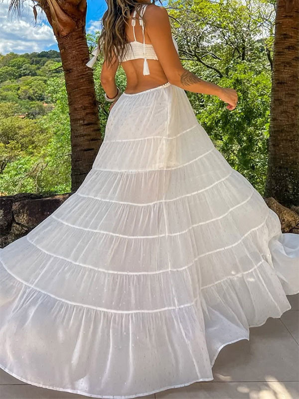 Vacation Dresses Maxi Backless Sleeveless V-Neck Sexy White Long Dress