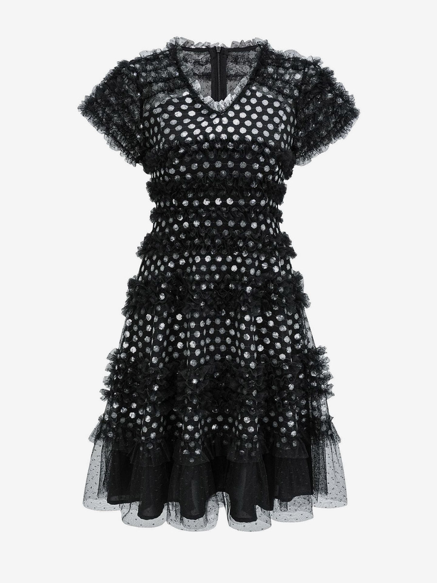 Vacation Dresses Midi Pleated Short Sleeves V-Neck Chic Black Dress