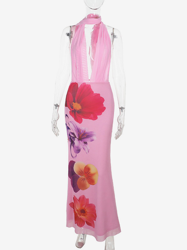 Vacation Dresses Maxi Lace Up Sleeveless Printed V-Neck Chic Pink A-line Dress