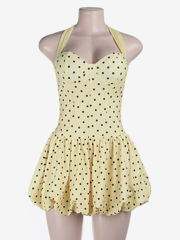 Date Night Dresses Mini Lace Up Sleeveless Halter Chic Yellow Dress