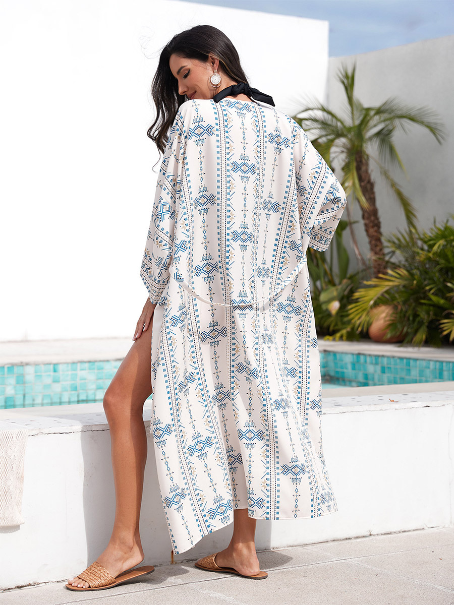 Vacation Dresses Ruffled Sash Long Sleeves Printed Casual Light Sky Blue Dress