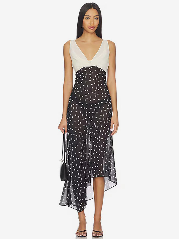 Vacation Dresses Maxi Sleeveless Polka Dot V-Neck Sexy Black Dress