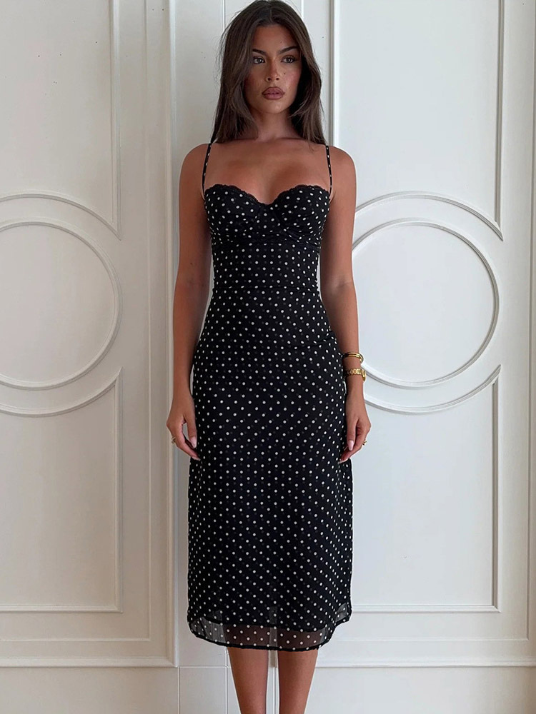 Daily Dresses Woman's Midi Dress Black Polyester Sleeveless Straps Neck Polka Dot Dress
