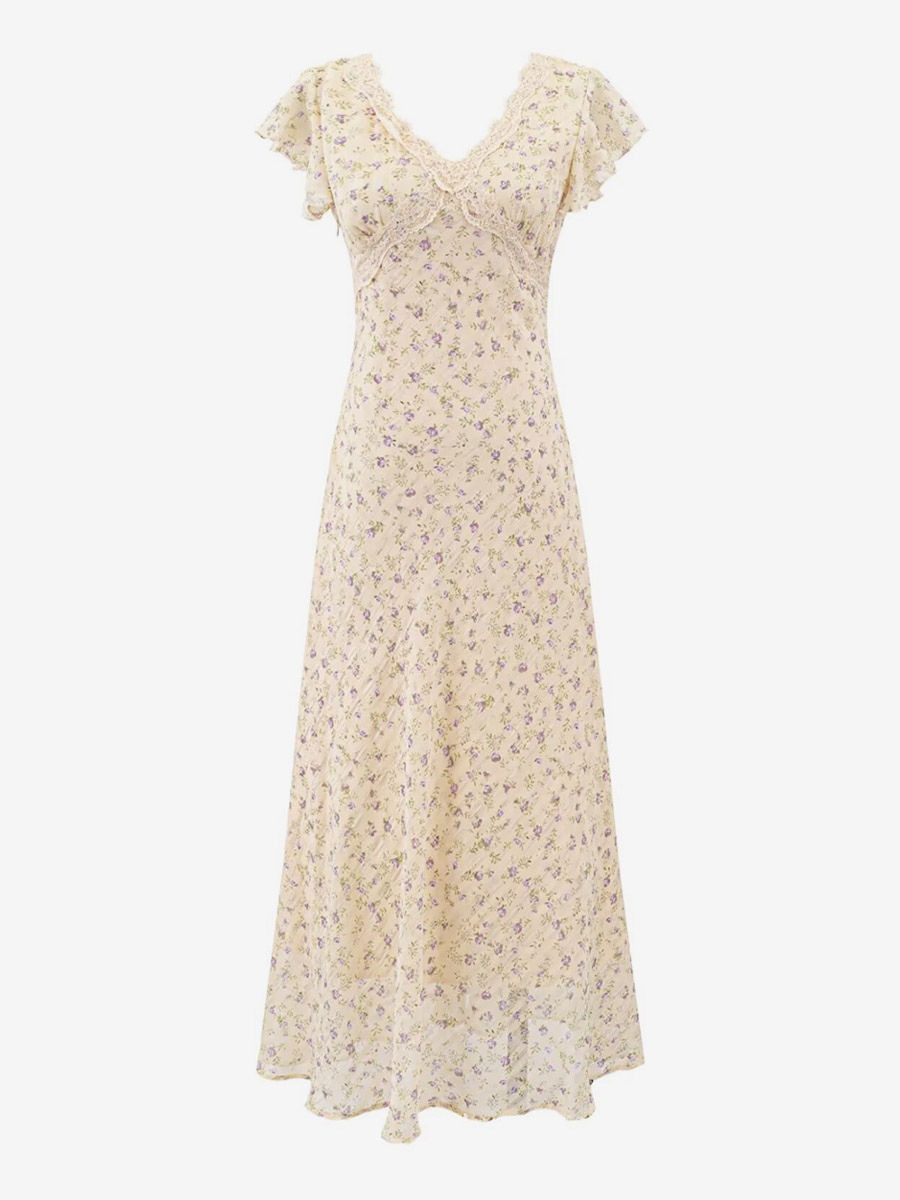 Daily Dresses Black Shaping Lace Short Sleeves High Collar Raised Waist Cap Sleeves Dress