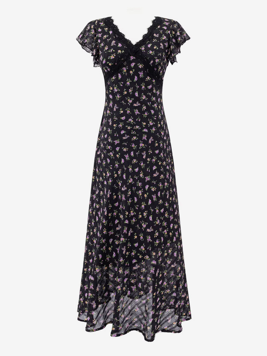 Daily Dresses Black Shaping Lace Short Sleeves High Collar Raised Waist Cap Sleeves Dress