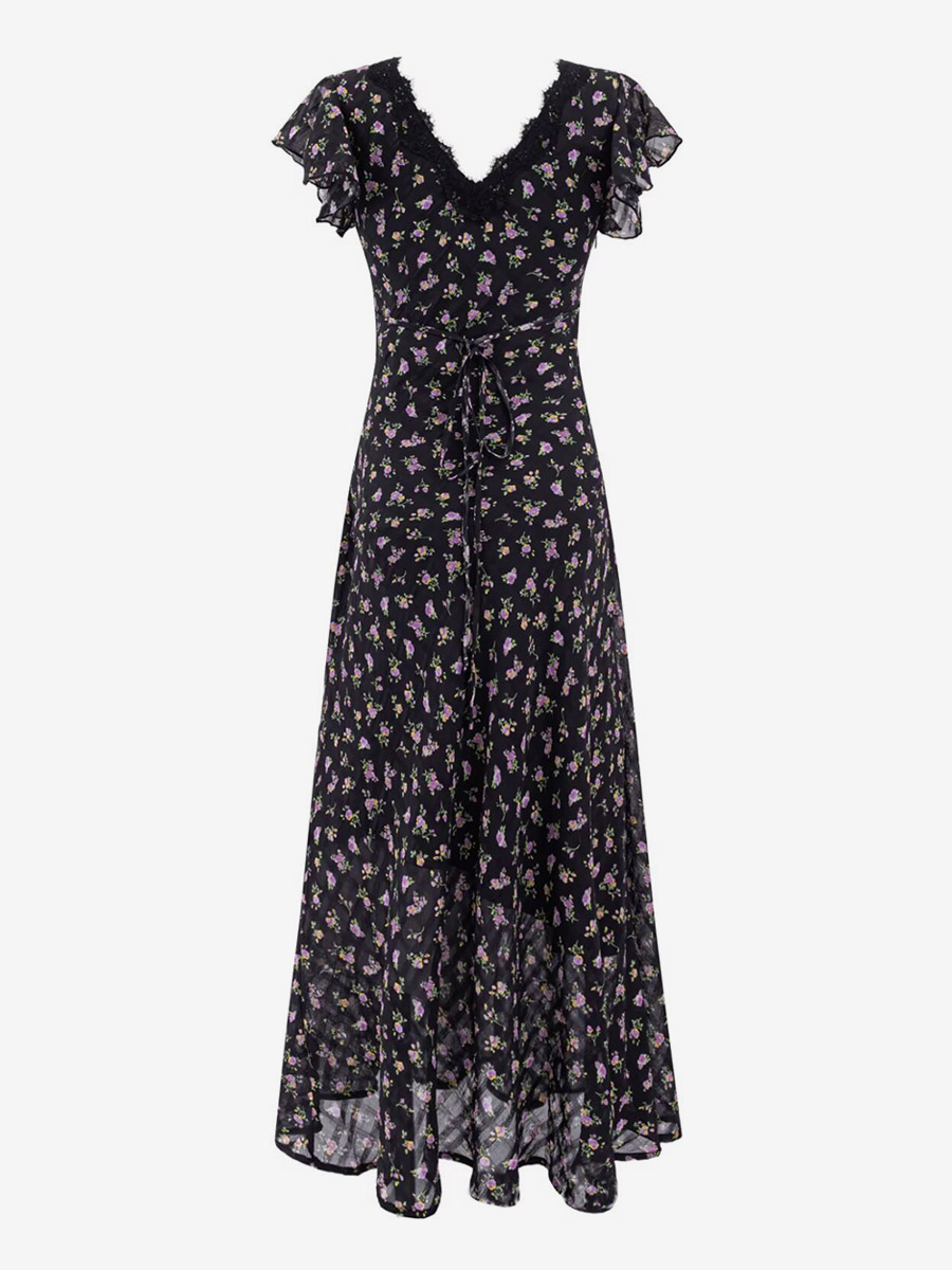 Daily Dresses Black Shaping Lace Short Sleeves High Collar Raised Waist Cap Sleeves Dress