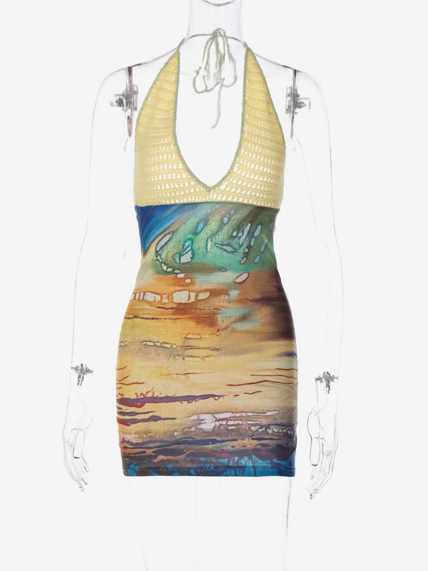 Vacation Dresses Mini Crochet Sleeveless Halter Sexy Yellow Dress