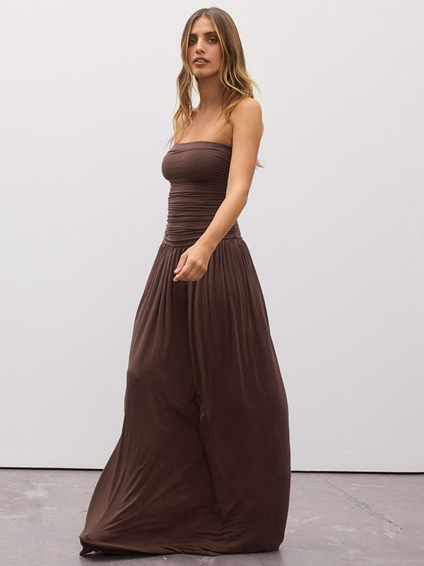 Party Dress Maxi Brown Strapless Pleated Sleeveless Clothes Sexy Semi Formal Dress