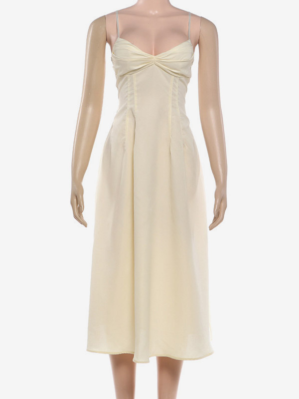 Daily Dresses Maxi Sleeveless Straps Neck Raised Waist Sexy Backless Pleated Apricot Dress