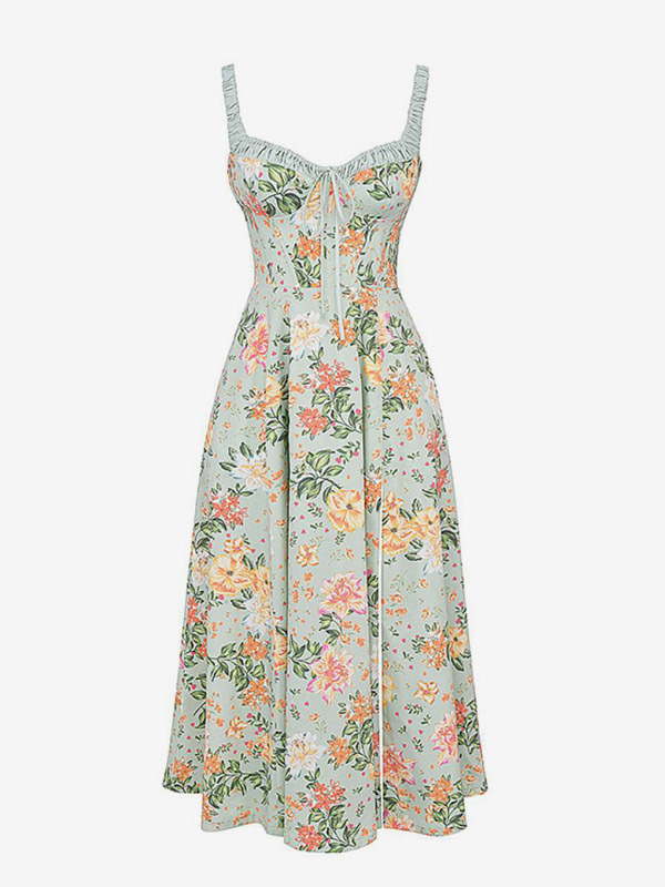 Date Night Dresses Midi Backless Flowers Drawstring Sleeveless Floral Print V-Neck Casual Green Dress