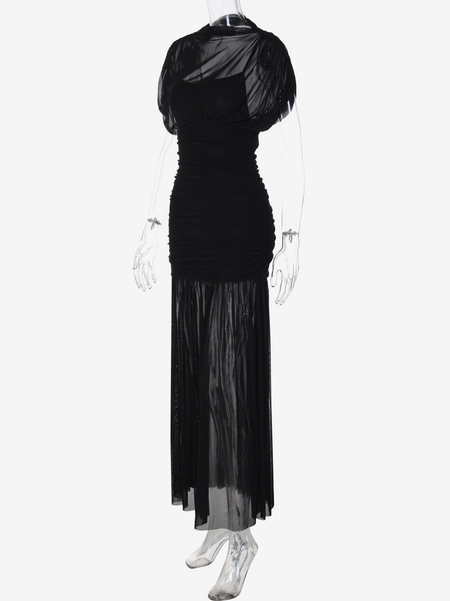 Night Out Dresses Black Short Sleeves High Collar Summer Dress