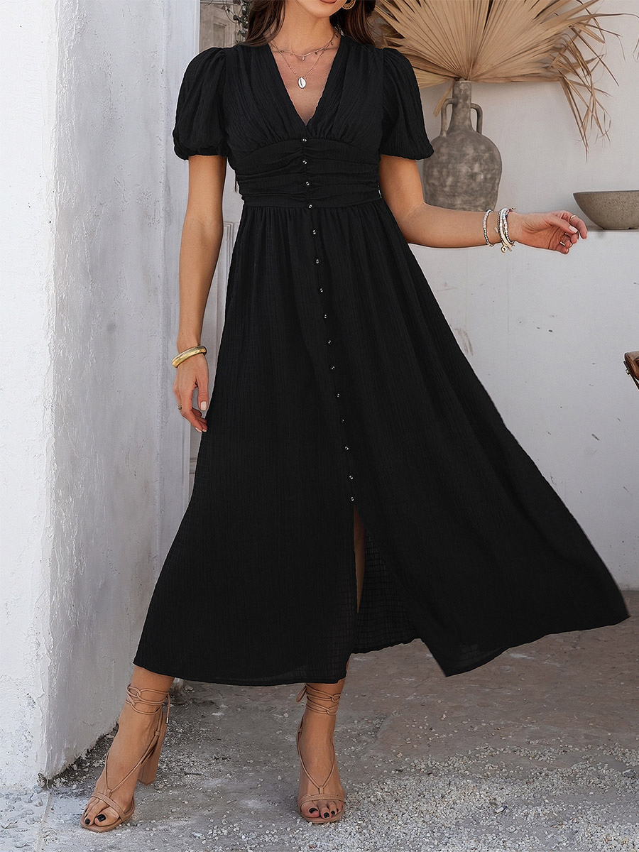 Daily Dresses Woman's Maxi Black Backless Buttons Short Sleeves V-Neck Raised Waist Dress