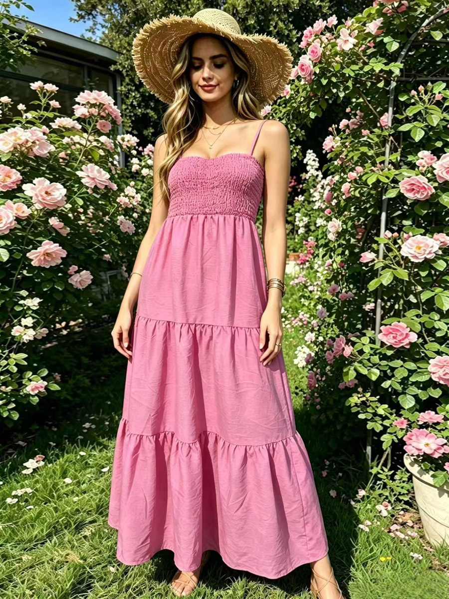 Vacation Dresses Maxi Backless Pleated Sleeveless Straps Neck Chic Light Sky Blue Dress