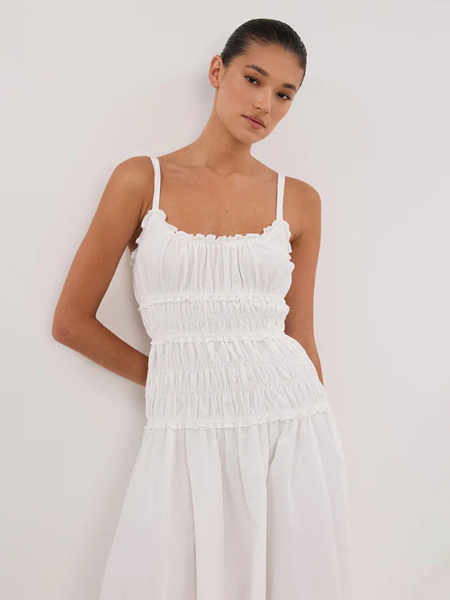 Date Night Dresses Shaping Pleated Sleeveless Straps Neck Casual White Dress