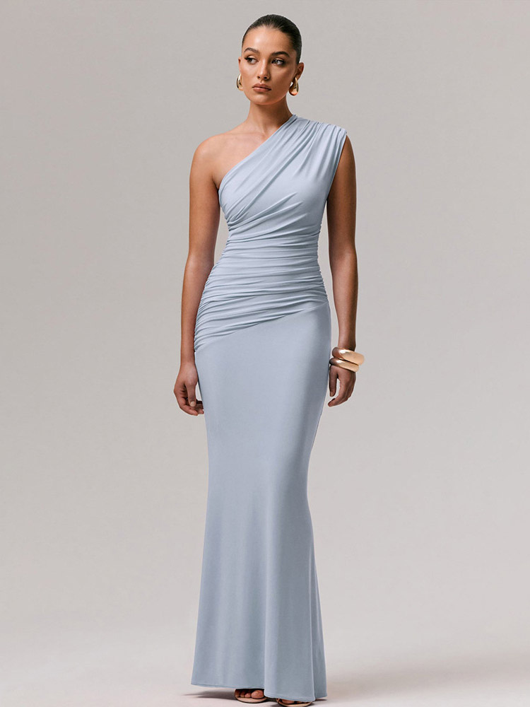 Party Dress Maxi Blue One-Shoulder Sleeveless Sexy Semi Formal Dress