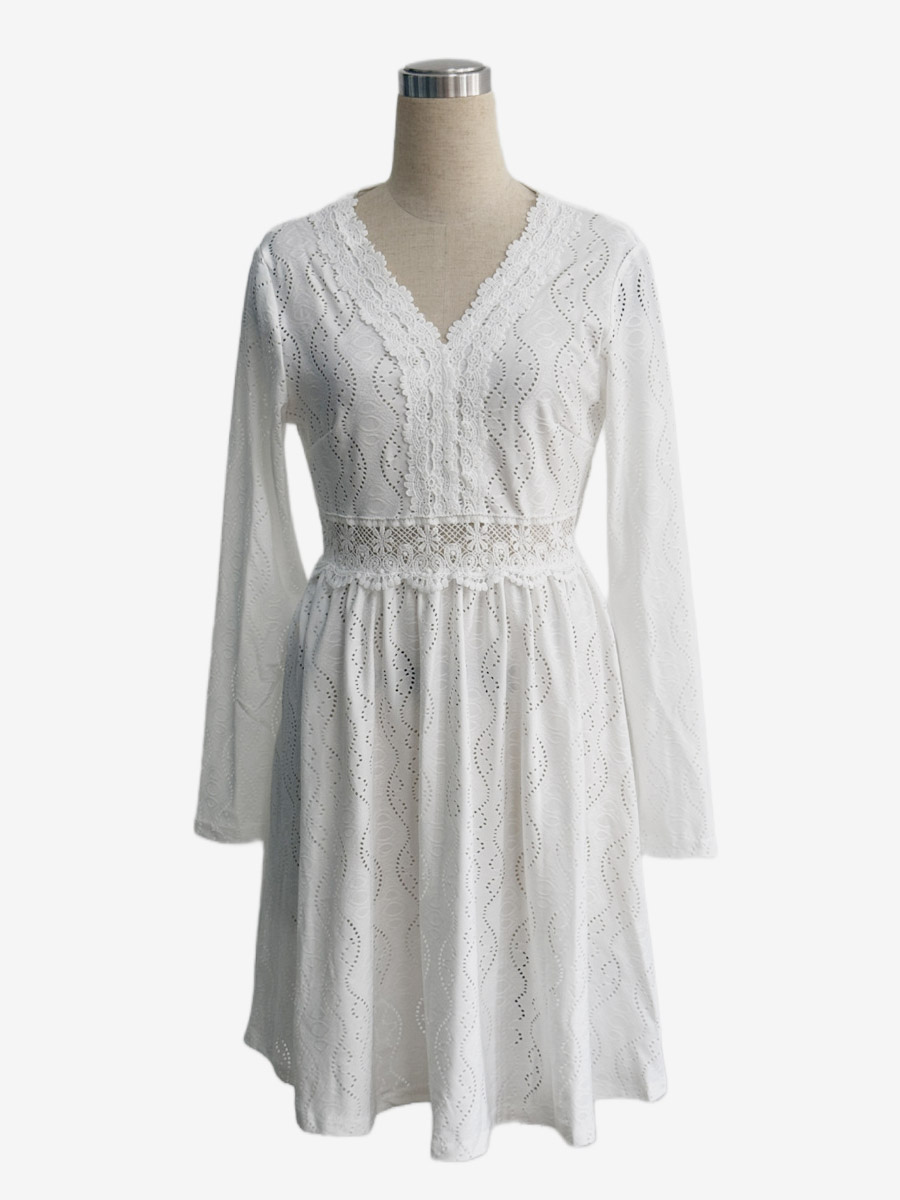 Daily Dresses Mini Woman's Dress Long Sleeves V-Neck Raised Waist Casual Lace White Dress