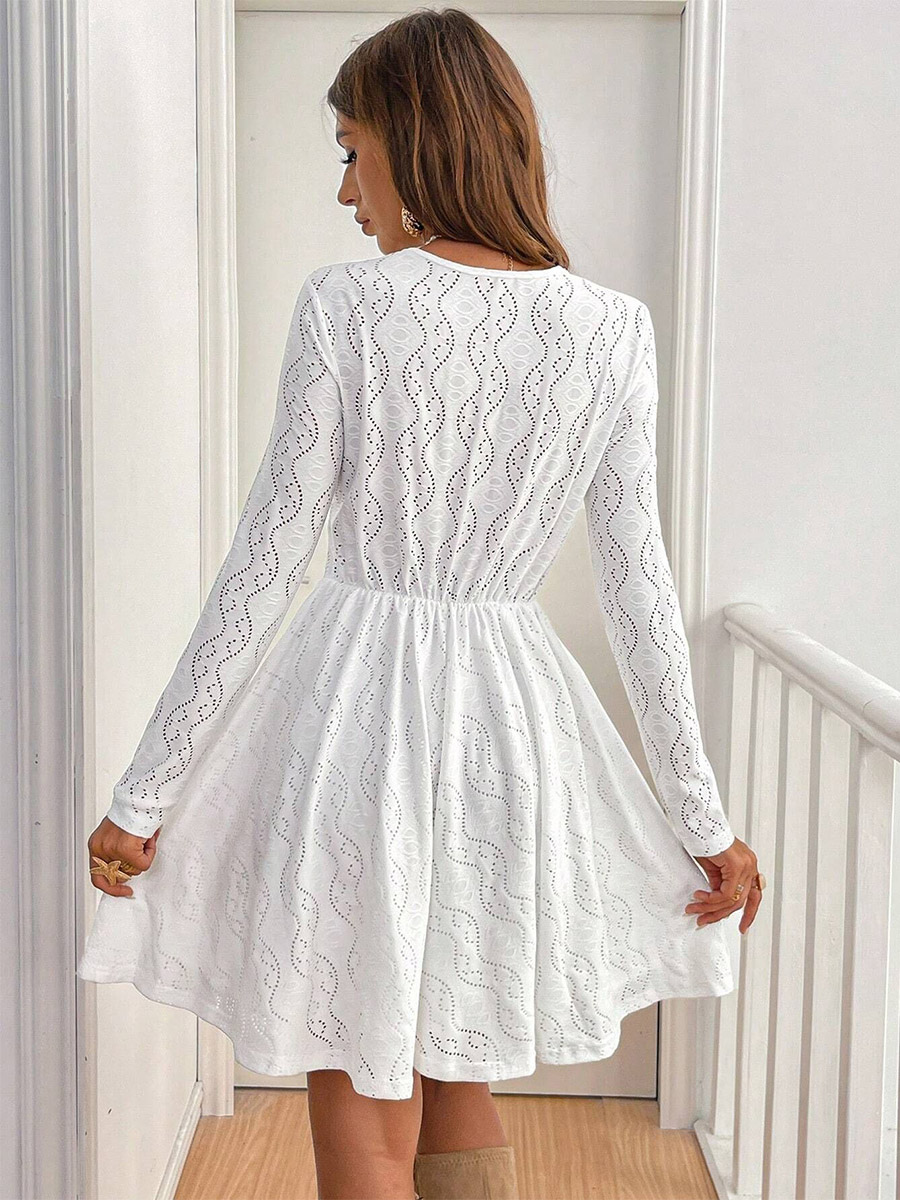 Daily Dresses Mini Woman's Dress Long Sleeves V-Neck Raised Waist Casual Lace White Dress