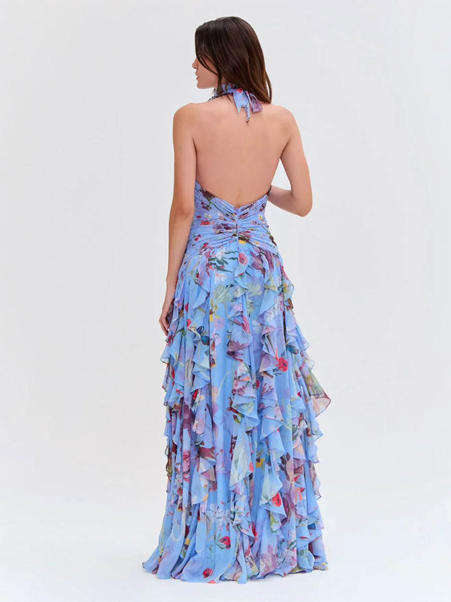Vacation Dresses Maxi Backless Lace Up Pleated Sleeveless Floral Print V-Neck Sweet Light Gray Dress