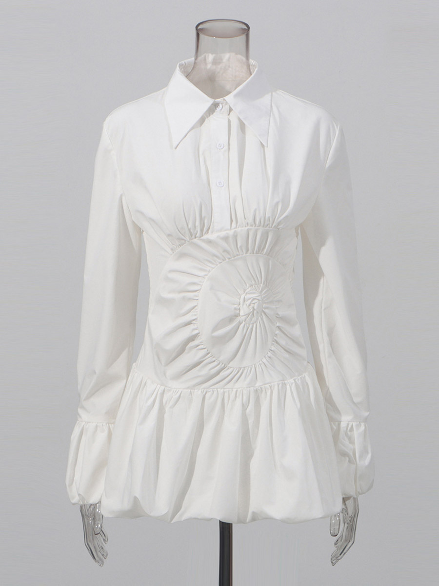 Daily Dresses Mini White Buttons Long Sleeves Turndown Collar Dress