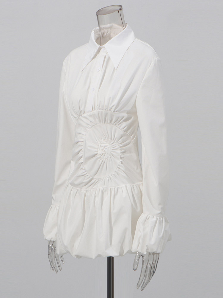 Daily Dresses Mini White Buttons Long Sleeves Turndown Collar Dress