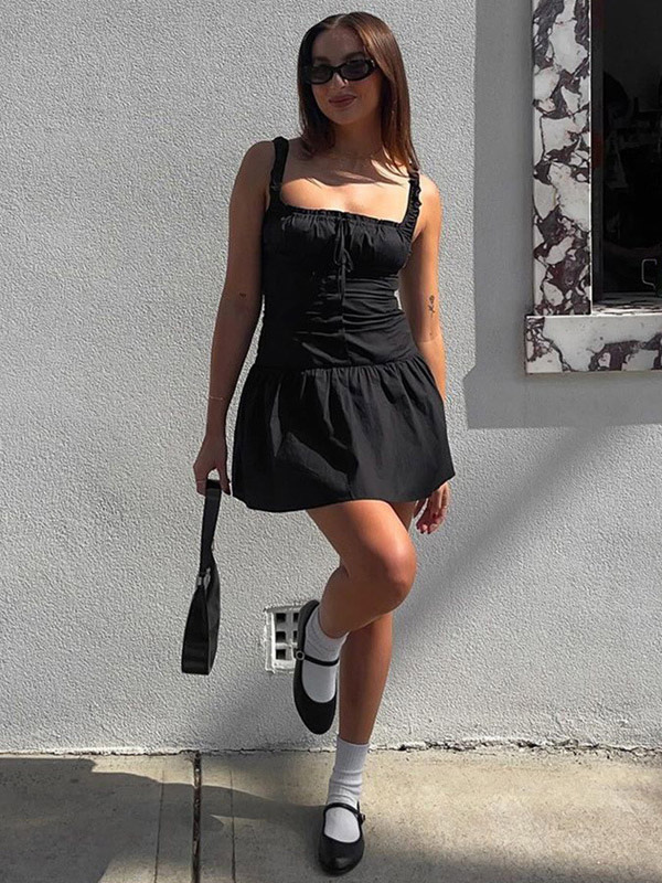Party Dresses Mini White Straps Neck Lace Up Sleeveless Pleated Casual Semi Formal Dress