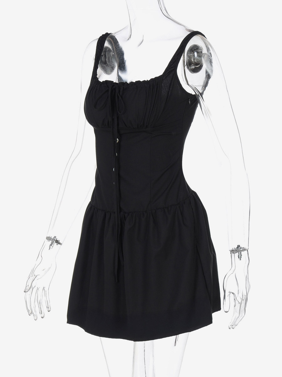 Party Dresses Mini White Straps Neck Lace Up Sleeveless Pleated Casual Semi Formal Dress