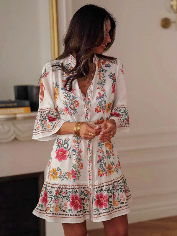 Daily Dresses Woman's Mini Sash Half Sleeves Stand Collar Natural Waist Floral Print Dress