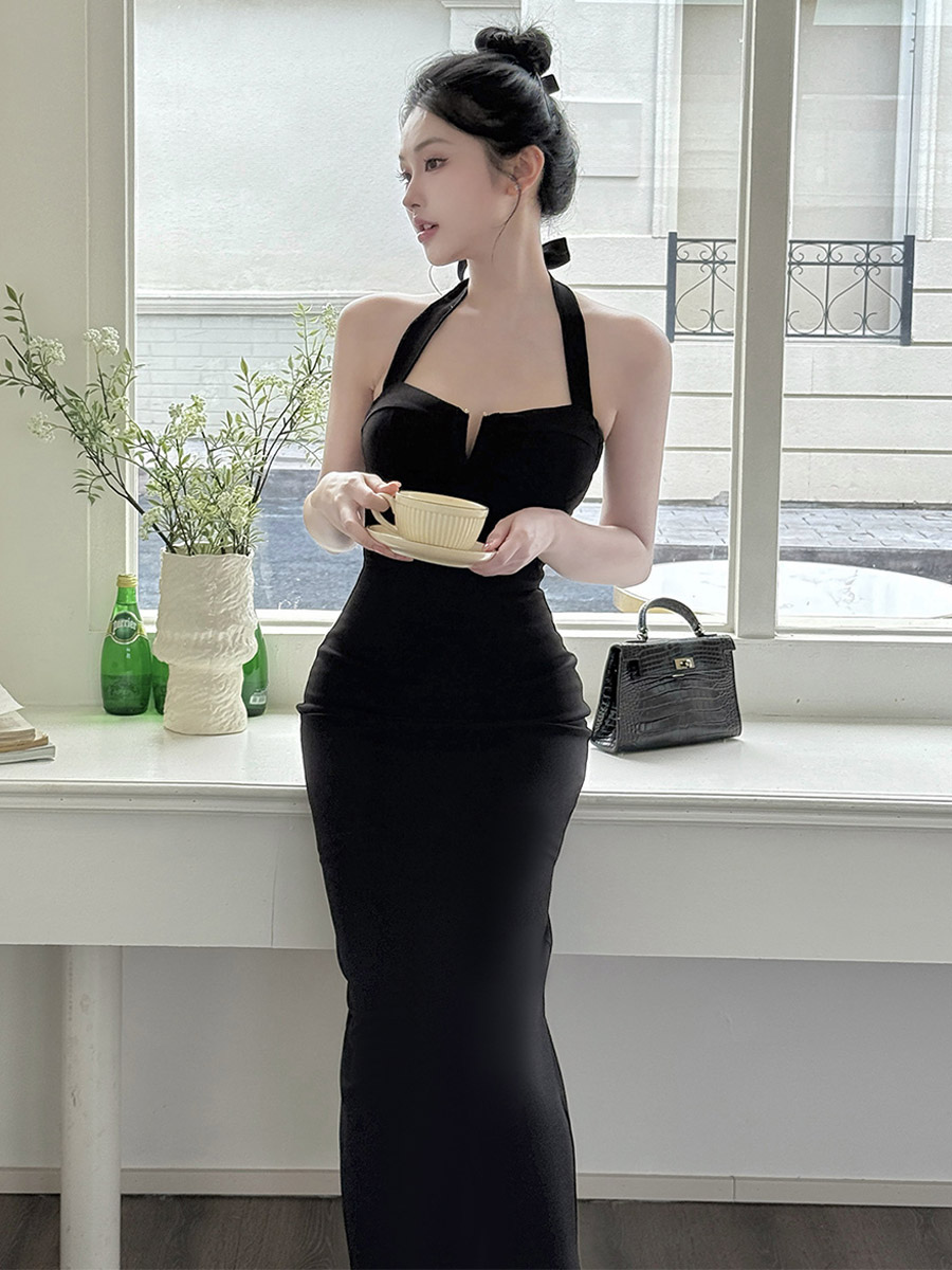 Date Night Dresses Maxi Backless Lace Up Sleeveless Halter Elegant Black Dress