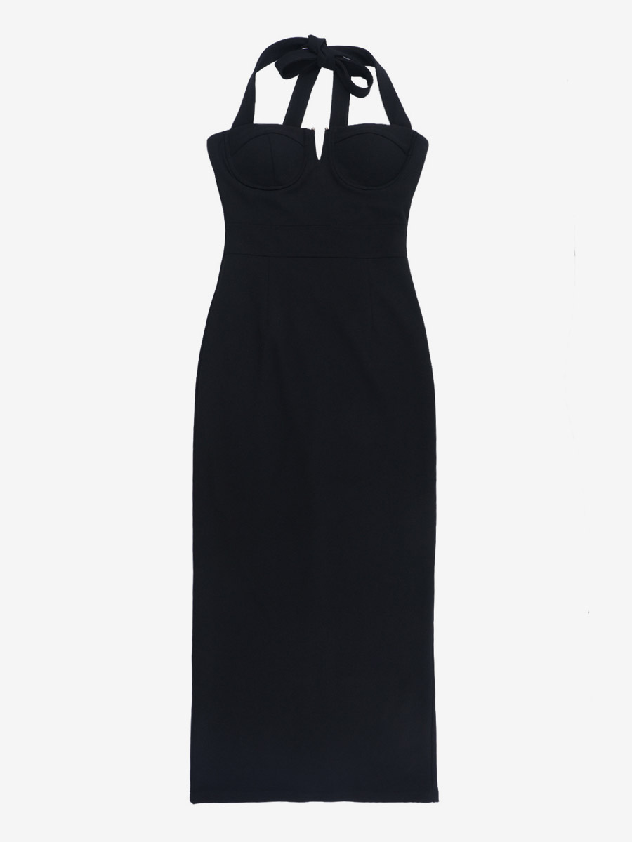 Date Night Dresses Maxi Backless Lace Up Sleeveless Halter Elegant Black Dress