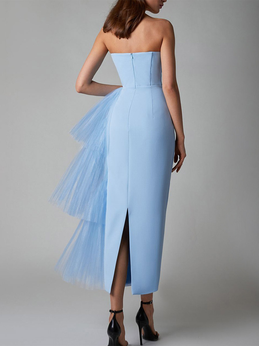 Party Dress Maxi Blue Strapless Zipper Sleeveless Backless Elegant Semi Formal Dress