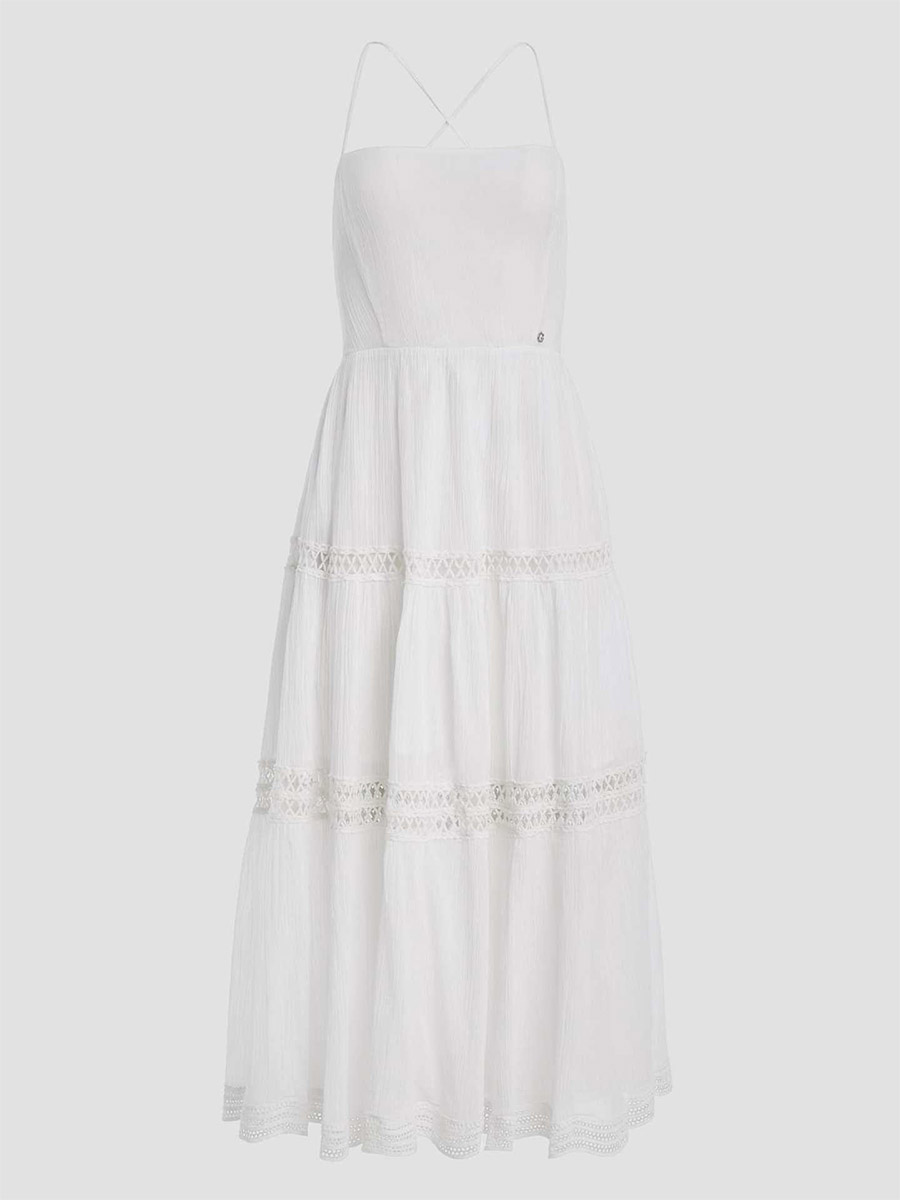 Vacation Dresses Maxi Backless Lace Lace Up Sleeveless Halter Casual White Dress