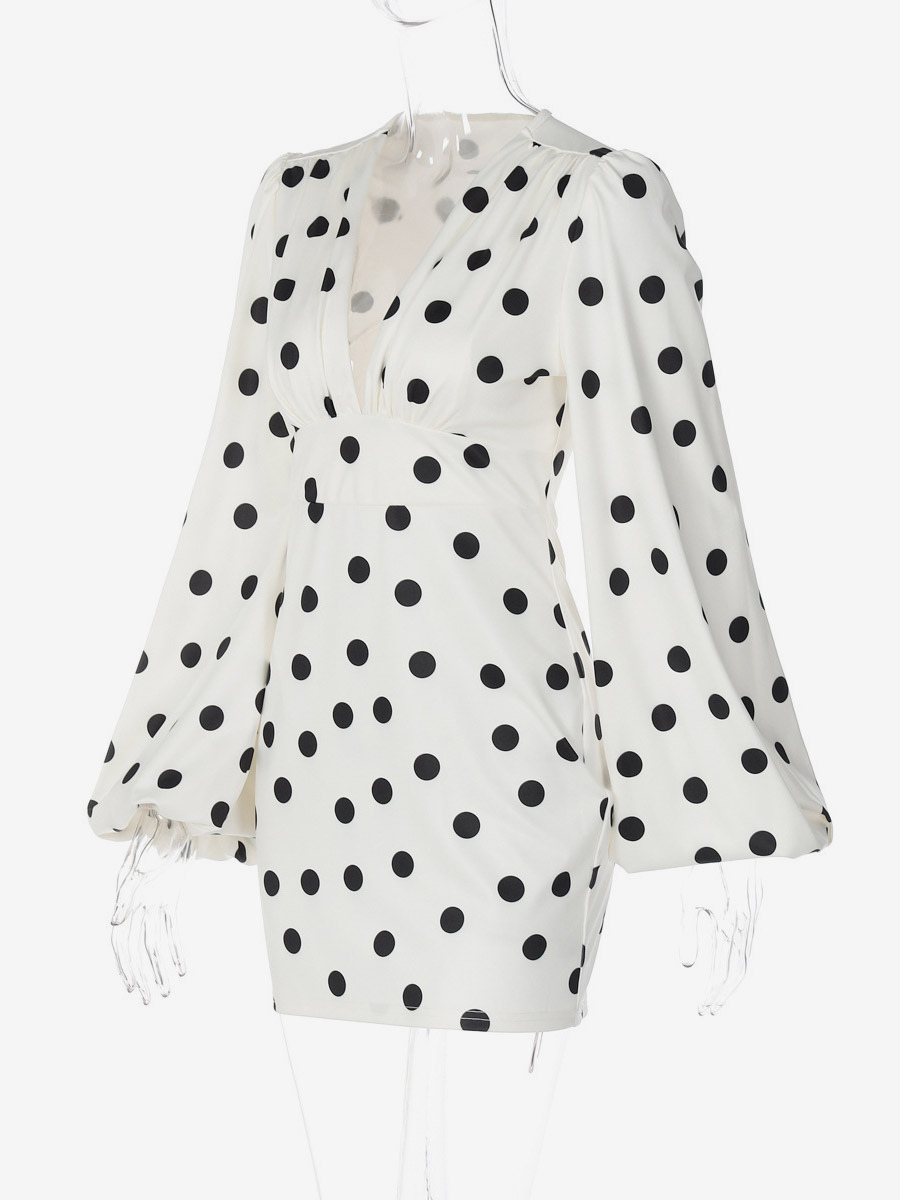 Date Night Dresses Mini Pleated Long Sleeves Polka Dot V-Neck Flared Sleeves Elegant Dress