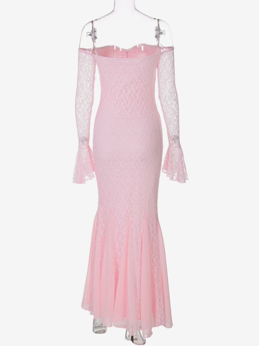 Party Dress Maxi Pink Off-The-Shoulder Lace Long Sleeves Pleated Chic Semi Formal Dress