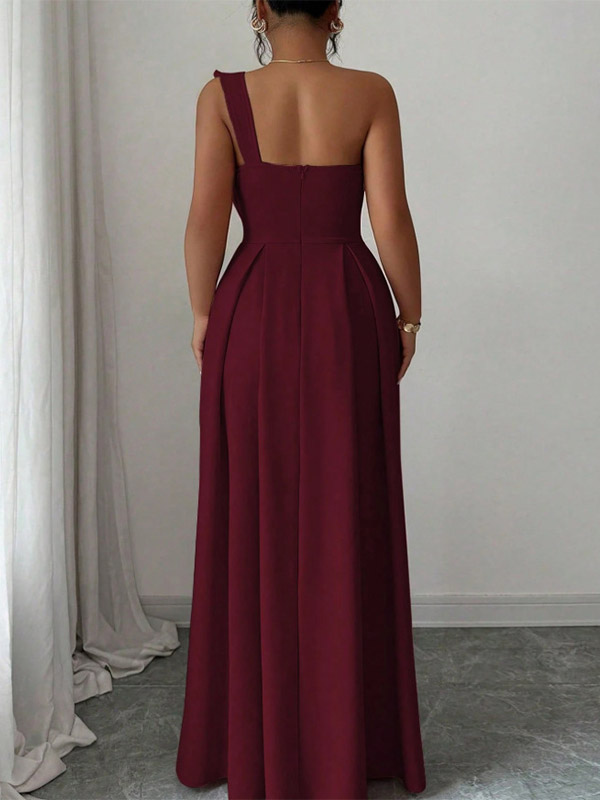 Party Dress Maxi Light Sky Blue One-Shoulder Flowers Sleeveless Asymmetrical Sweet Semi Formal Dress