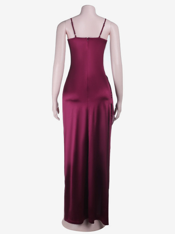 Party Dress Maxi Burgundy Straps Neck Lace Spaghetti Strap High Slit Sexy Semi Formal Dress