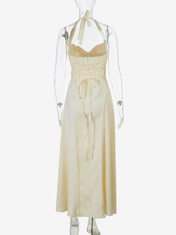 Party Dresses Yellow Satin Spaghetti Strap Maxi Dress Sweetheart Bust Lace Up Back Flowy Gown